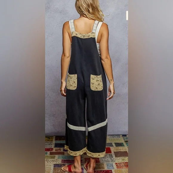 Pol Stylish Black French Terry Overalls with Patterned Details - Picture 4 of 4